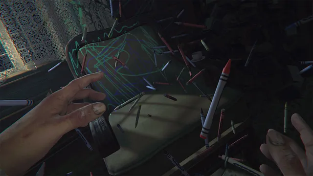 Layers of Fear VR screenshot: crayons float in the air around a child's chalkboard covered in scribbles as the player reaches out