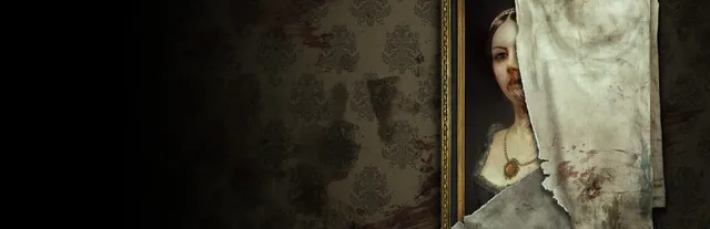 Layers of Fear VR key art: a torn cloth half covers a framed portrait of a woman whose face is smeared with blood, on dark damask wallpaper