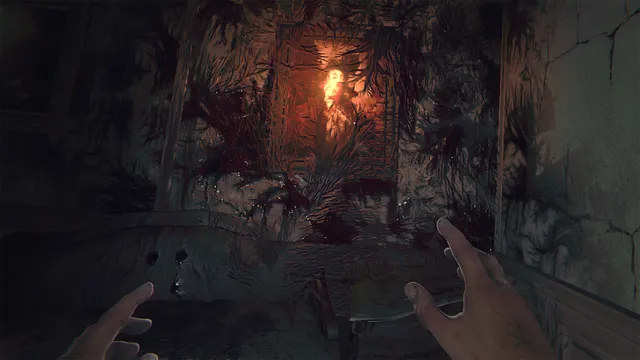Layers of Fear VR screenshot: a dark wall veined with blood around a glowing orange figure, the player's hands in front