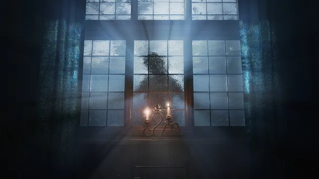 Layers of Fear screenshot: a tall rain-streaked window lit by two candles, with the dark silhouette of a figure standing behind the glass