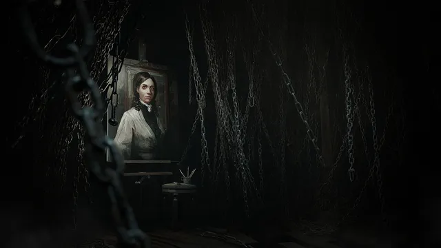 Layers of Fear screenshot: a portrait of a dark-haired woman on an easel in a dark room hung with chains