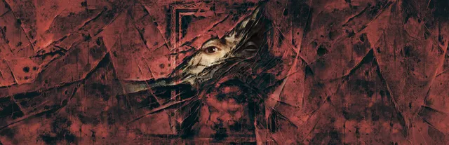 Layers of Fear key art: a torn, blood-red canvas with a ripped gap through which a painted face's eye stares out