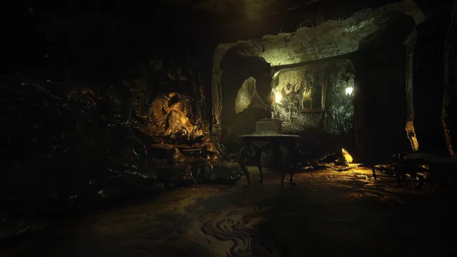 Layers of Fear screenshot: a decaying room overgrown with dark growths around a gramophone on a table, lit by a single lamp