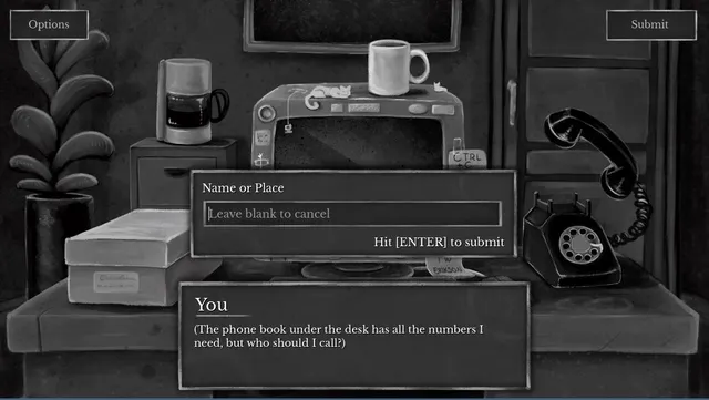 Leaftaker screenshot: the phone off the hook and a box asking for a name or place to call