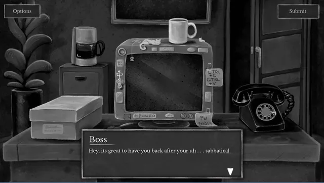 Leaftaker screenshot: a grey office desk with an old computer, a mug, a rotary phone and a file box as the boss welcomes you back