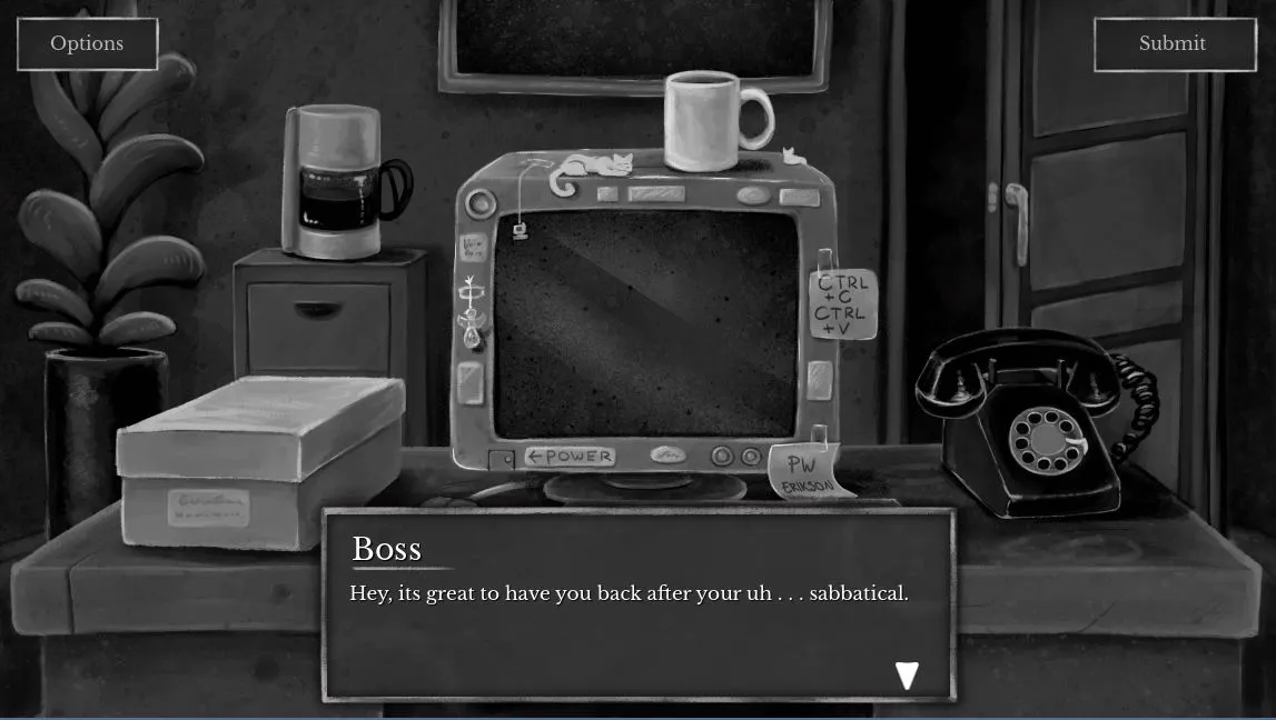Leaftaker screenshot: a grey office desk with an old computer, a mug, a rotary phone and a file box as the boss welcomes you back