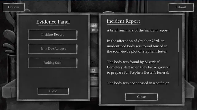 Leaftaker screenshot: the evidence panel with an incident report about an unidentified body found in Stephen Hester's plot