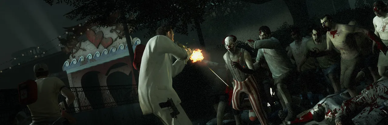Left 4 Dead 2 art: a survivor in a white suit fires a pistol at a crowd of the infected, including a clown, in a dark carnival