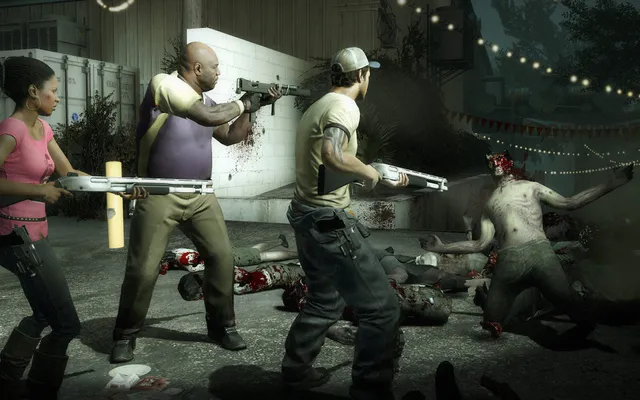 Left 4 Dead 2 screenshot: three survivors with a shotgun and a submachine gun cut down infected among bodies on a street