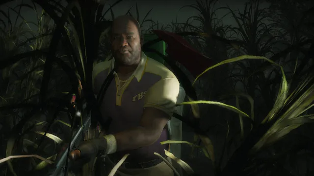 Left 4 Dead 2 screenshot: an infected clown with glowing eyes climbs through the burning wreck of a roller coaster