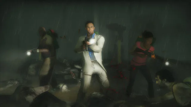 Left 4 Dead 2 screenshot: three survivors with flashlights move through rain past the infected at night