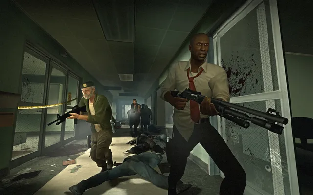 Left 4 Dead: two survivors with an assault rifle and a shotgun advancing down a bloodied hospital corridor