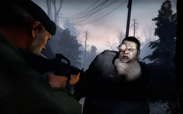Left 4 Dead: a survivor aims a rifle at a bloated, swollen infected on a misty forest road