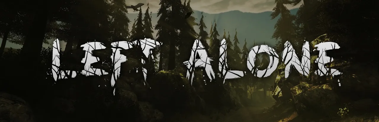 Left Alone key art: the title in white, cracked letters over a dark pine forest trail