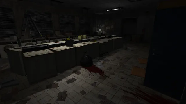 A dark laundry room in the school with washing machines and blood smeared on the tiled floor
