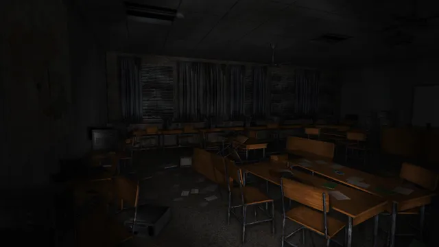 An abandoned classroom with scattered desks and chairs in the dark