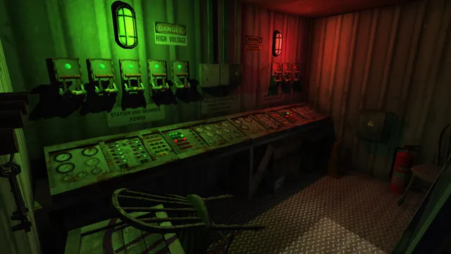 A power room lit green and red with switch panels and a High Voltage sign