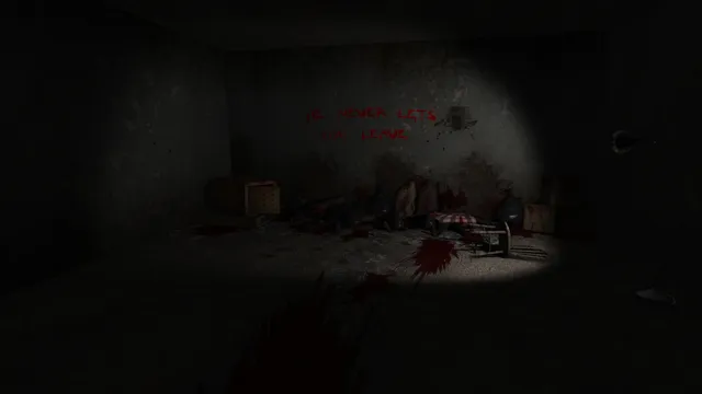 A wall in a dark room written in red, He never lets you leave, above bloodied bags and boxes