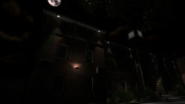 The red-brick Mount High School at night under a full moon, its clock tower lit
