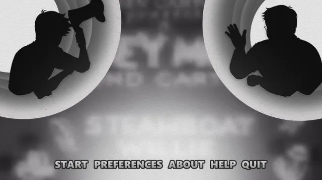 The title menu: two silhouettes in spotlights over the cartoon's title card