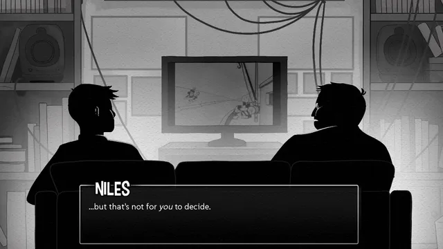 Two men in silhouette on a sofa watch the cartoon on a TV as Niles says '...but that's not for you to decide.'