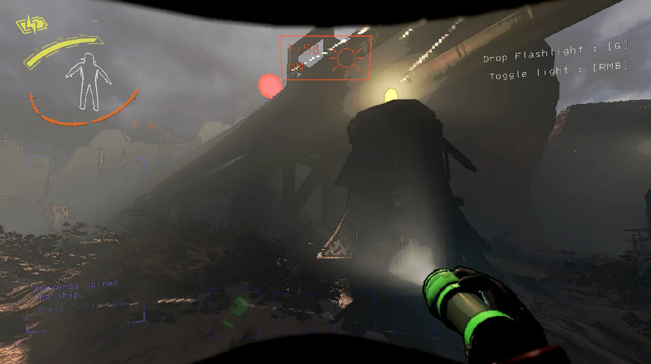 Lethal Company screenshot: a flashlight lights a rusted industrial building on a foggy moon