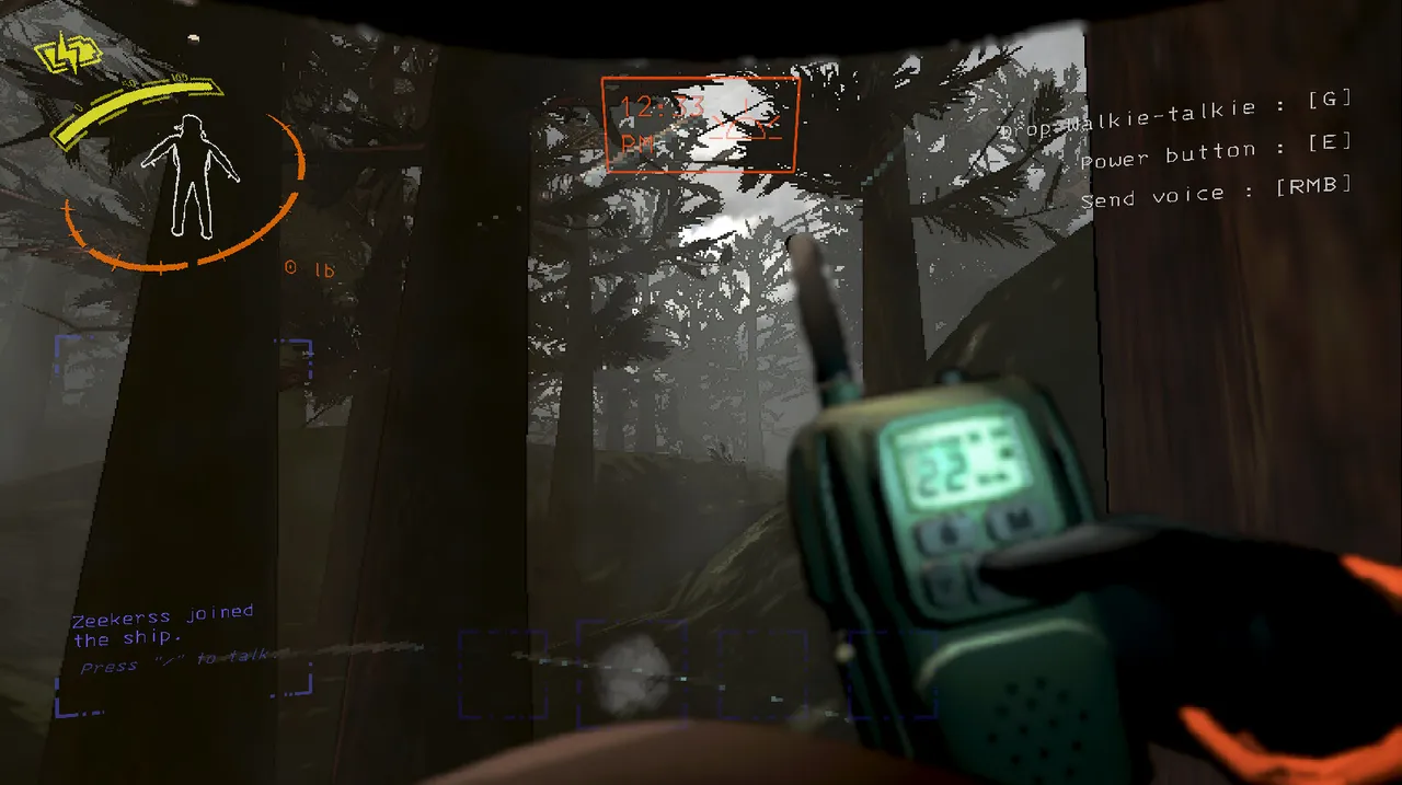 Lethal Company screenshot: a crew member holds up a walkie-talkie in a misty pine forest at dusk