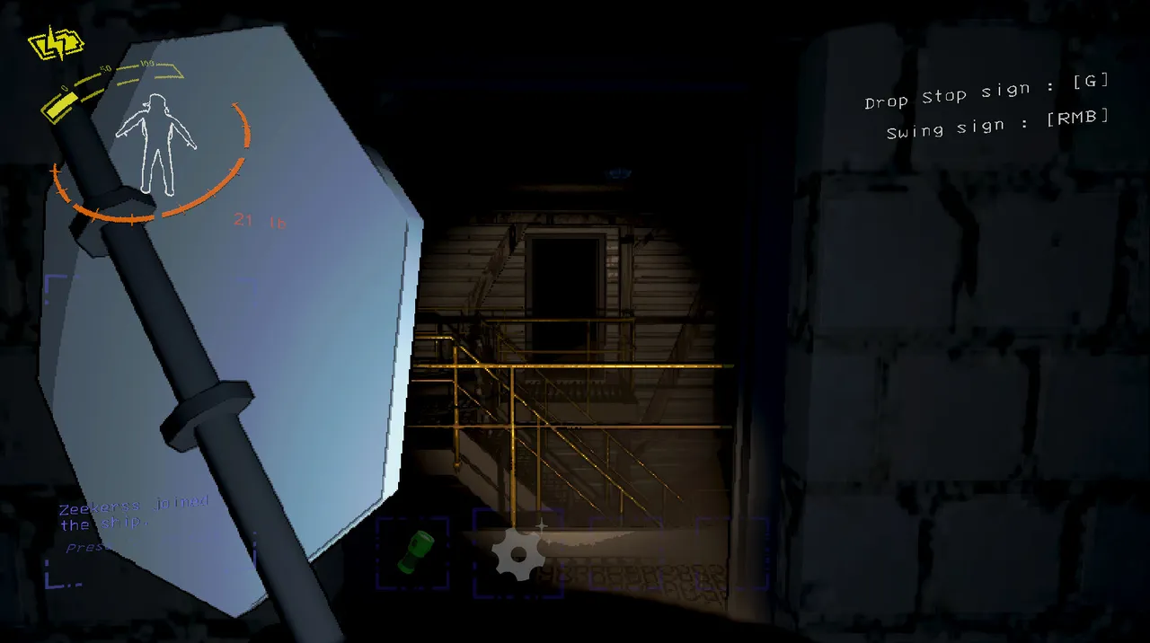 Lethal Company screenshot: a crew member carries a stop sign as a weapon toward a dark facility stairway