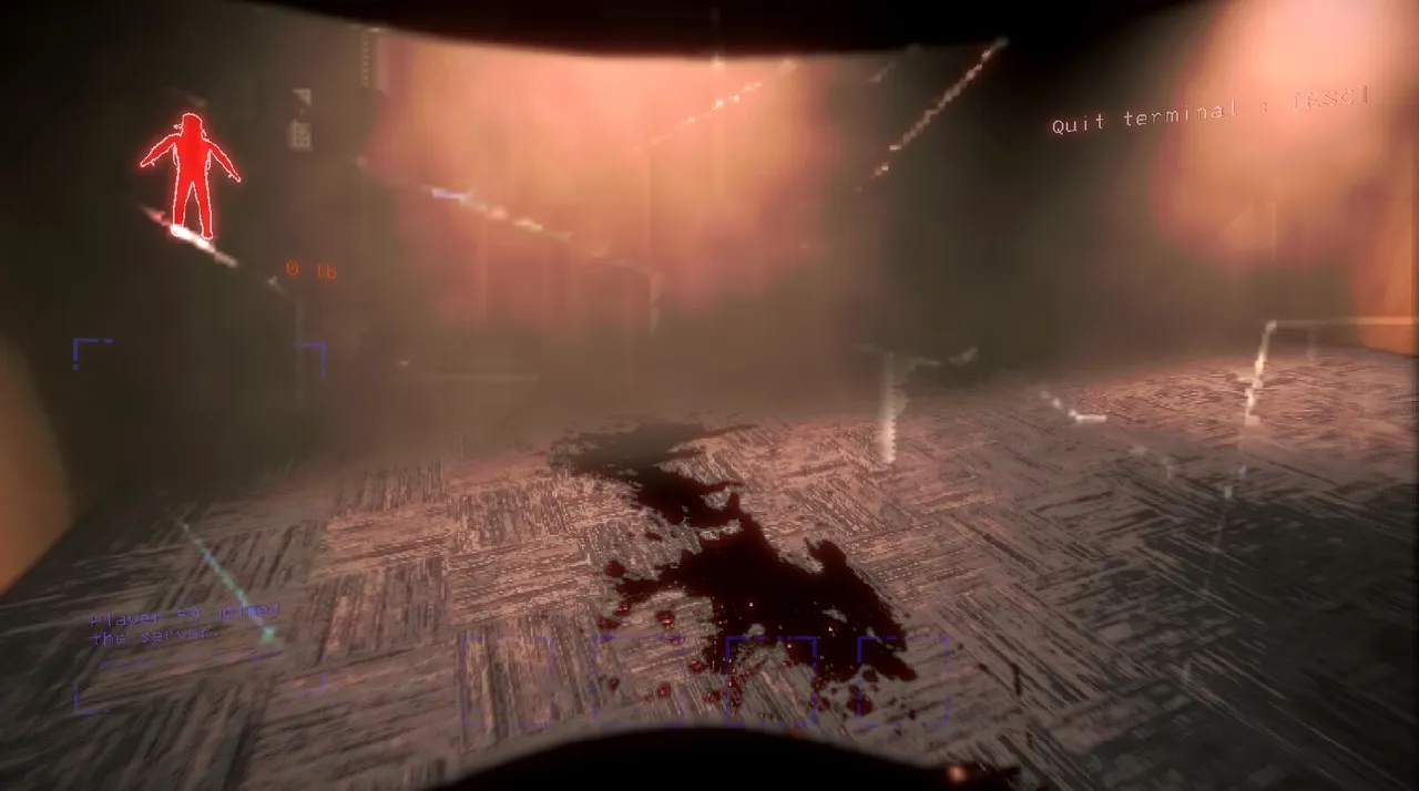 Lethal Company screenshot: a dim, red-tinged facility floor with a pool of blood and the health indicator flashing red