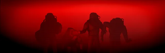Lethal Company art: silhouettes of crew members in bulky suits against a red background, a long-armed creature among them
