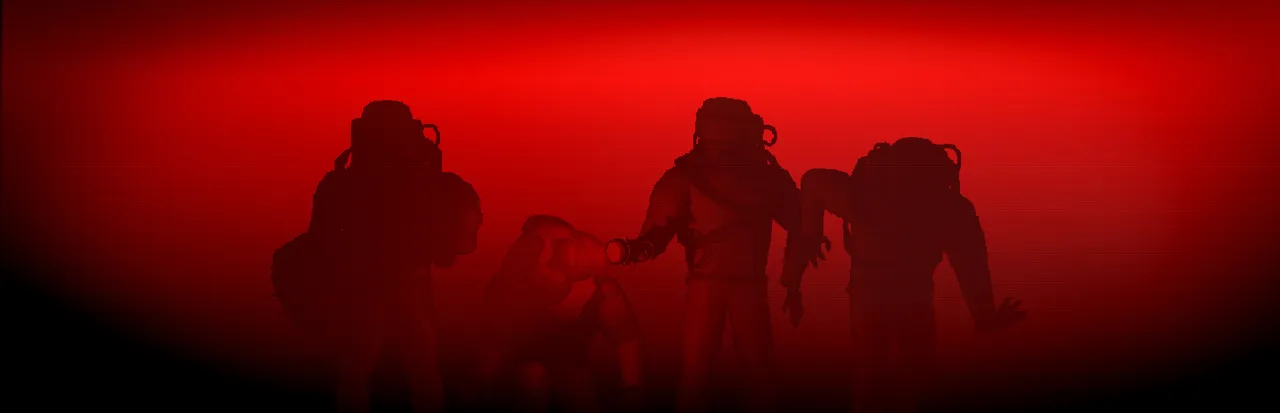Lethal Company art: silhouettes of crew members in bulky suits against a red background, a long-armed creature among them