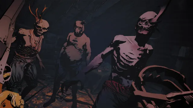 Lies Beneath screenshot: three gaunt, skull-faced figures, one with antlers, shamble toward the player in a dark wooden room