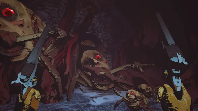Lies Beneath screenshot: the player aims two revolvers at huge spider-like creatures with skull faces and red eyes in a stone cellar