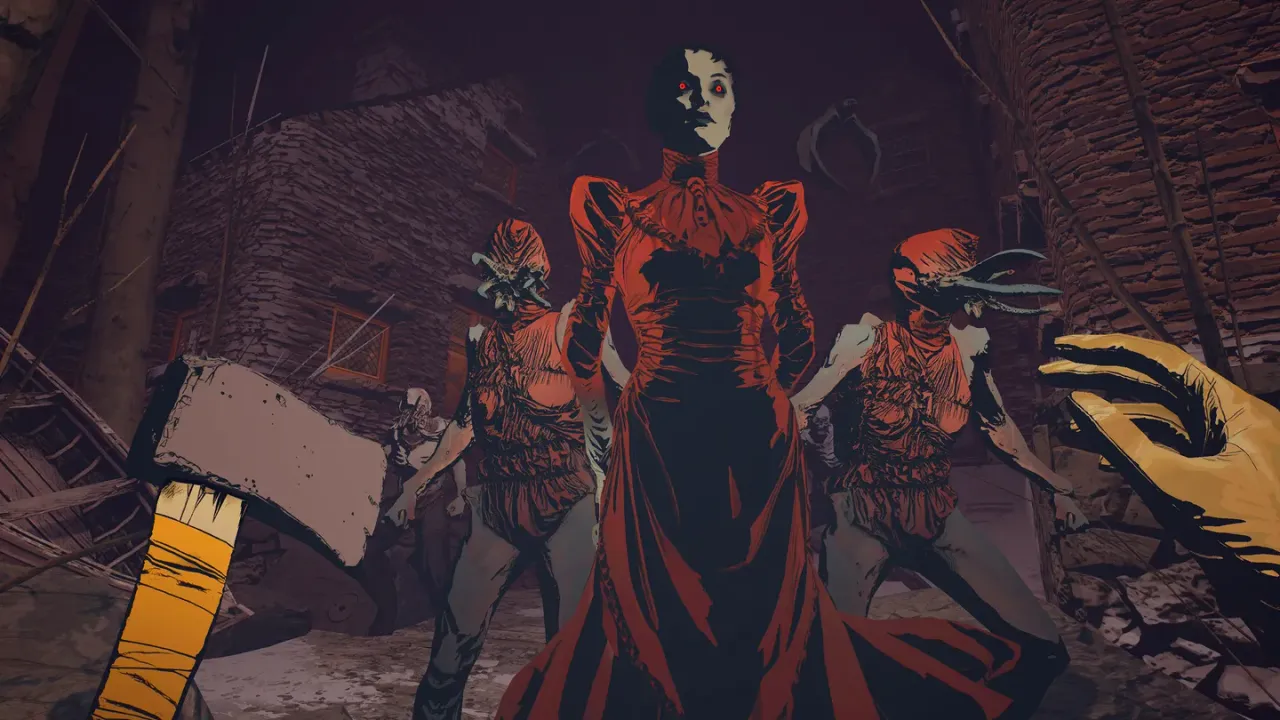 Lies Beneath screenshot in comic-book style: a pale woman in a red Victorian dress with red eyes stands before two beaked creatures in a ruined street, the player holding an axe