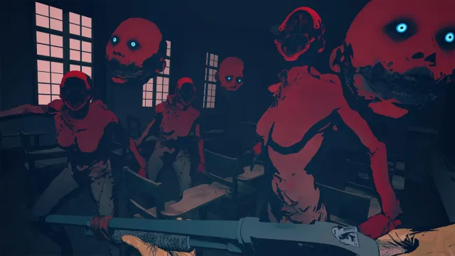 Lies Beneath screenshot: red, grinning creatures with glowing blue eyes crowd a dark classroom as the player raises a shotgun