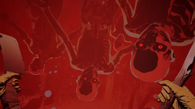 Lies Beneath screenshot: bodies hang upside down in a blood-red room, faces with red eyes screaming, the player gripping a cleaver and a stake