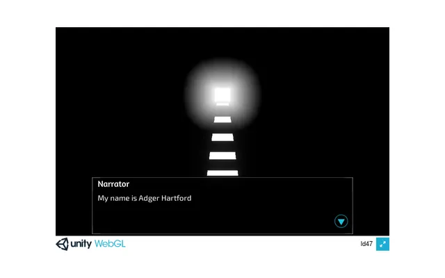 LIGHTHOUSE opening scene: a path of white steps leading to a glowing light in the dark, with the narrator's line My name is Adger Hartford