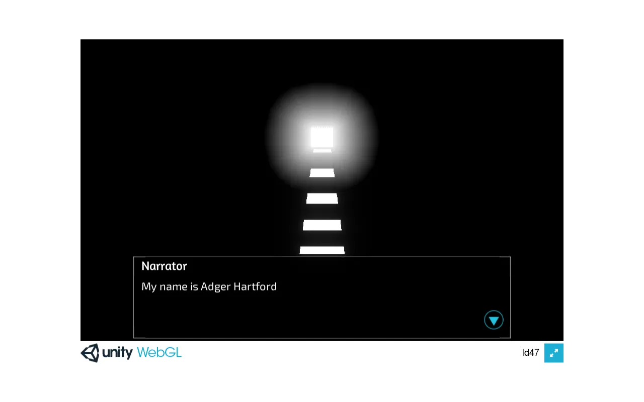 LIGHTHOUSE opening scene: a path of white steps leading to a glowing light in the dark, with the narrator's line My name is Adger Hartford