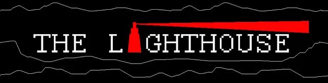 THE LIGHTHOUSE title banner in white pixel letters, with a red lighthouse beam in place of a letter, over black waves drawn in thin lines