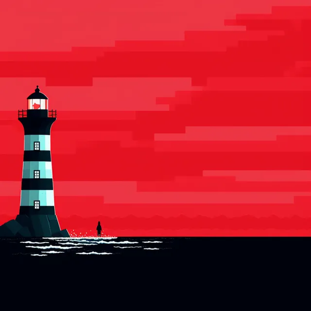 LIGHTHOUSE cover art: a striped lighthouse on dark rocks under a red sky, with a small dark figure standing at the water's edge