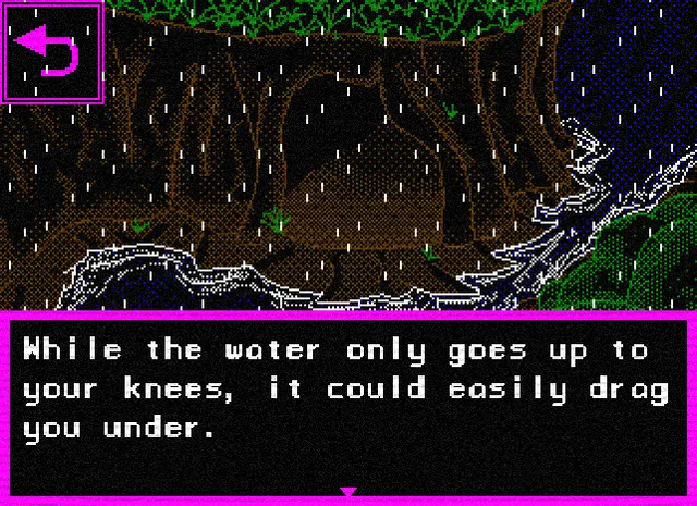 Lily's Well screenshot: a dark river under tree roots, with the text that the water could easily drag you under