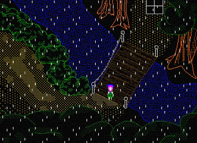 Lily's Well screenshot: Lily, in dithered pixel art, walks a path to a rope bridge over a dark blue river in the rain