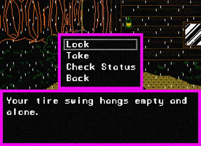 Lily's Well screenshot: a Look, Take menu beside a cabin, with the line that your tire swing hangs empty and alone
