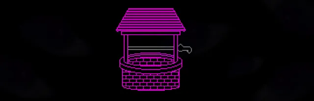 Lily's Well key art: a pink outlined stone well with a wooden roof and crank against a black background