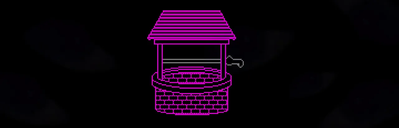 Lily's Well key art: a pink outlined stone well with a wooden roof and crank against a black background