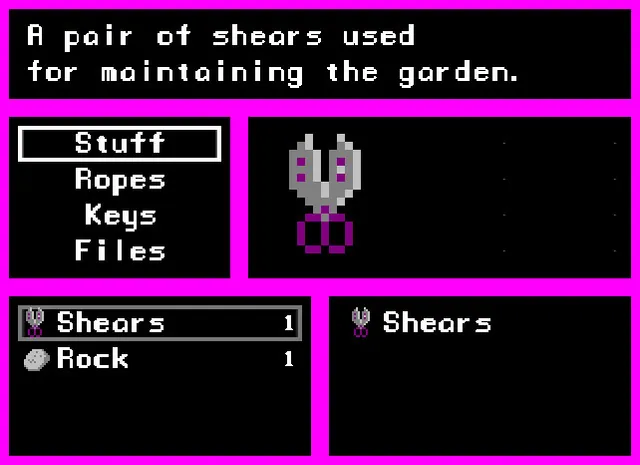 Lily's Well screenshot: the inventory screen showing shears and a rock, with tabs for Stuff, Ropes, Keys and Files