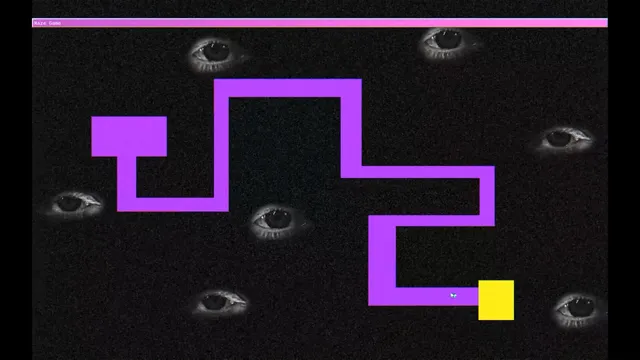 Lily's maze game: a purple path on a black screen full of staring human eyes