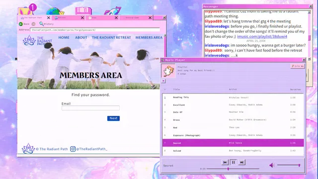 An in-game browser shows a group's members area login page beside a messenger window and a music player playlist