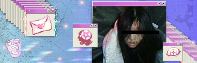 lily's world XD key art: pastel early-2000s computer windows around a pixelated photo of a dark-haired girl with a black bar over her eyes