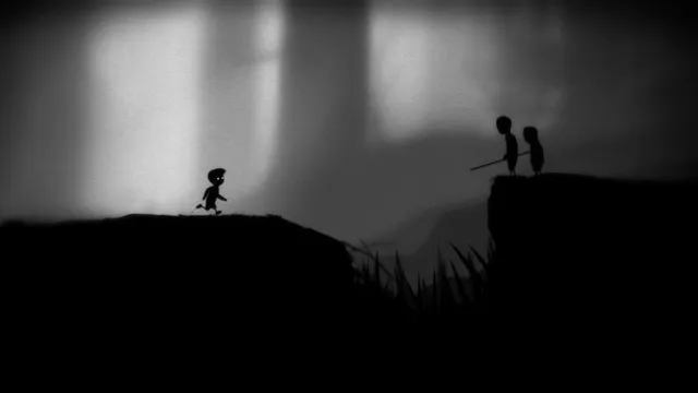 The boy runs across a grey hillside toward two silhouetted figures holding a spear on a ledge